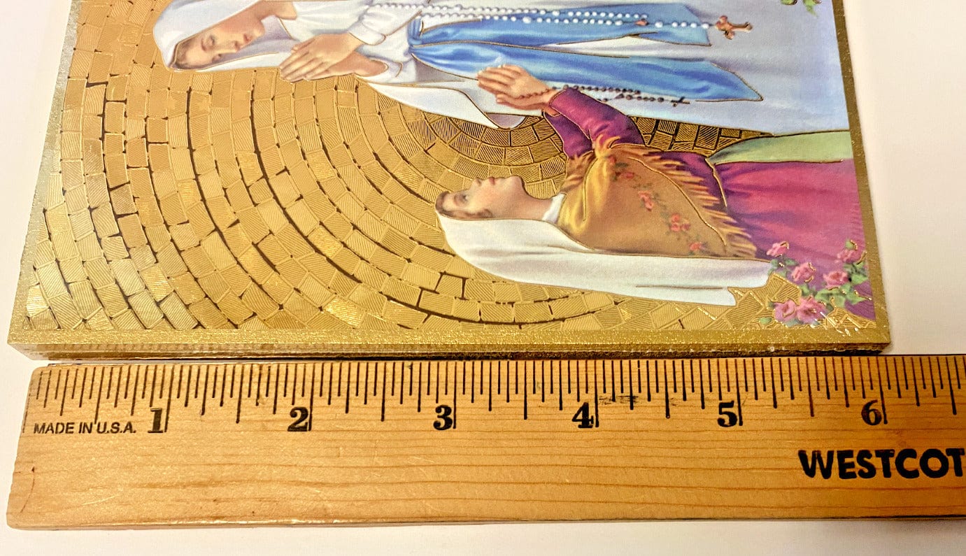 Wooden image of Our Lady of Lourdes and Saint Bernadette, religious Christian collectible by Bob and Penny Lord, from Japan.