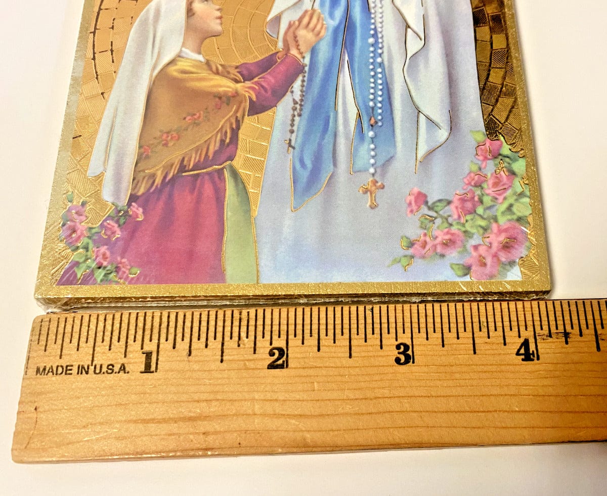 Wooden image of Our Lady of Lourdes and Saint Bernadette, religious Christian collectible by Bob and Penny Lord from Japan.