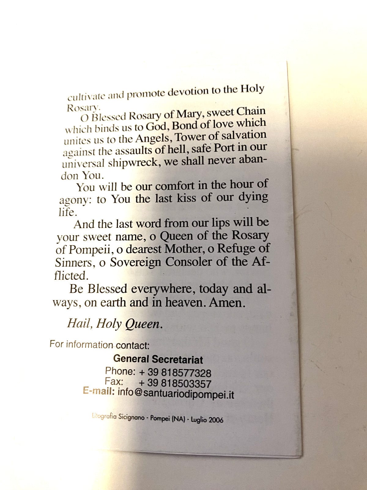 Tri-fold Holy Card featuring Our Lady of the Rosary of Pompei prayer, collectible Christian religious item from Italy by Bob and Penny Lord