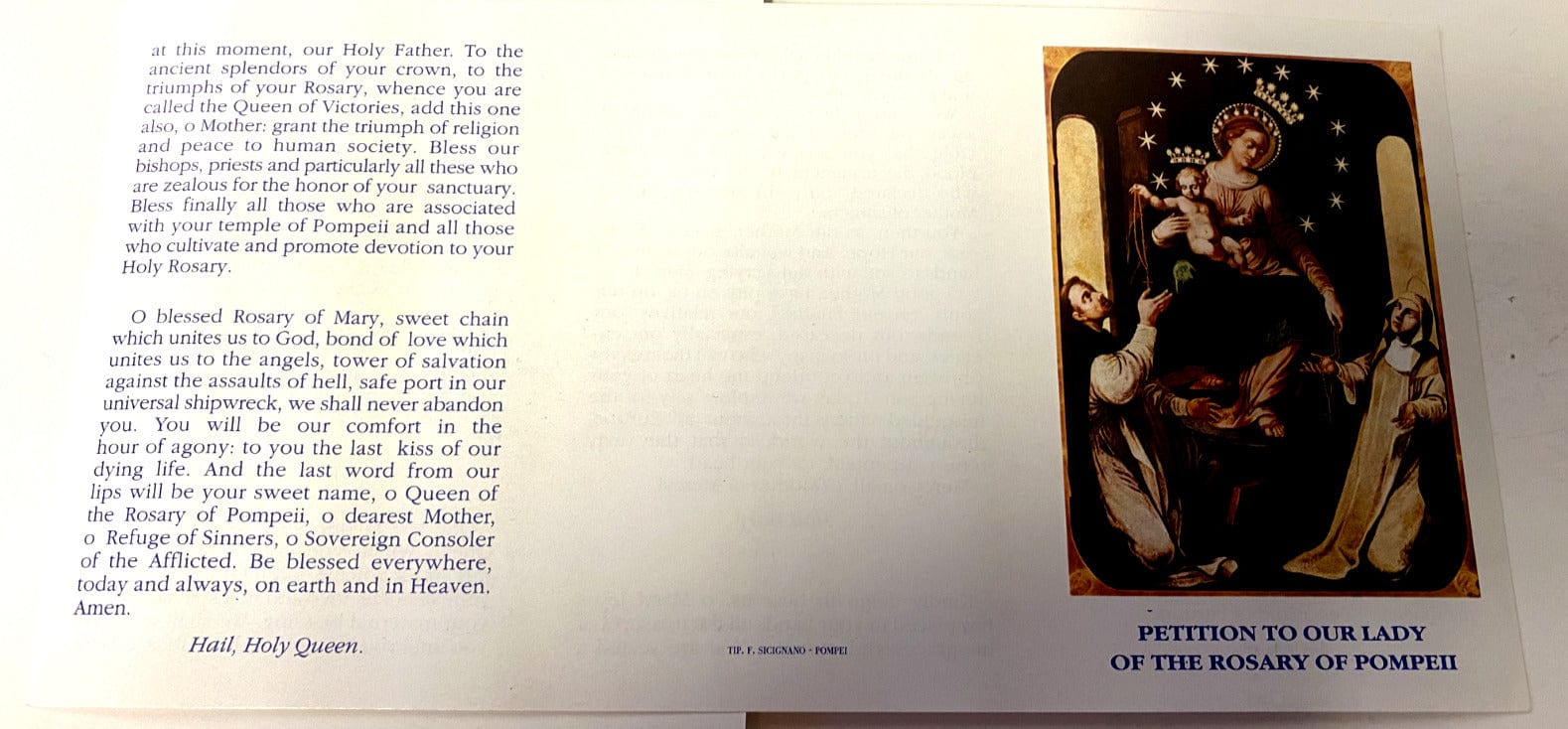 Tri-fold Holy Card featuring Our Lady of the Rosary of Pompei prayer, collectible Christian religious card from Italy by Bob and Penny Lord