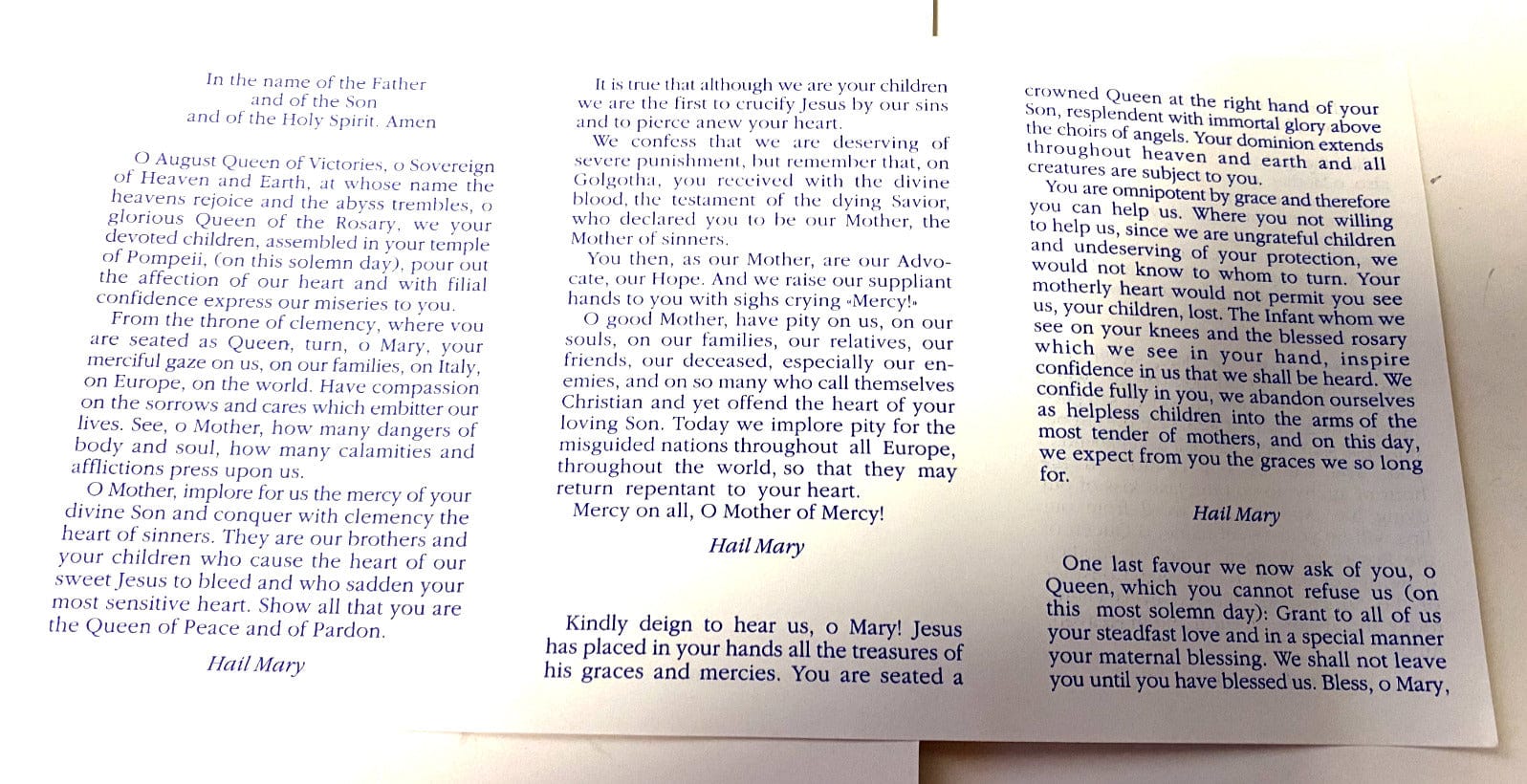 Tri-fold Catholic prayer card featuring Our Lady of the Rosary of Pompei from Bob and Penny Lord, with religious imagery.