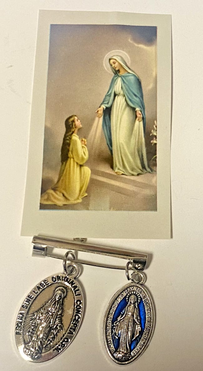 Small Our Lady of Grace religious card with two silver-tone medals on pin, featuring Christian holy card imagery and spiritual symbolism.