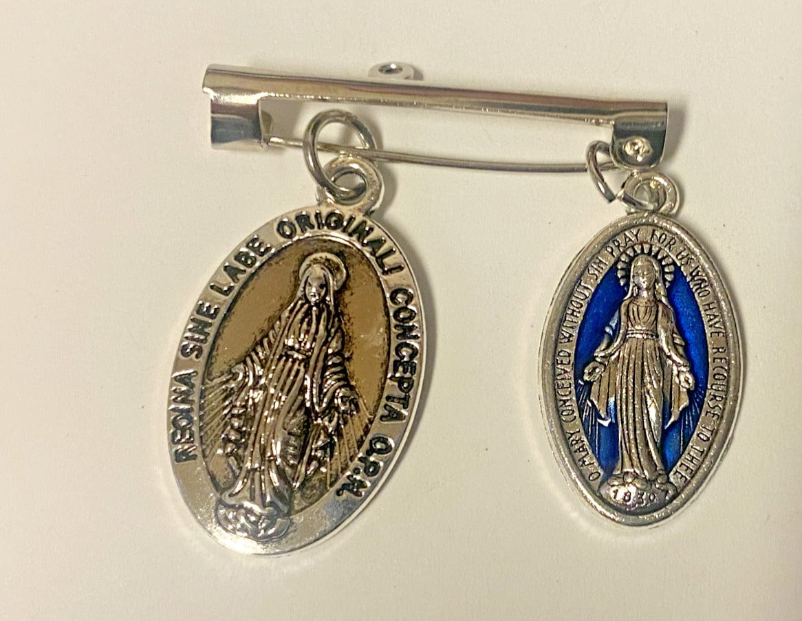 Small Our Lady of Grace religious card with two silver-tone medals on pin, featuring Christian holy imagery by Bob and Penny Lord.