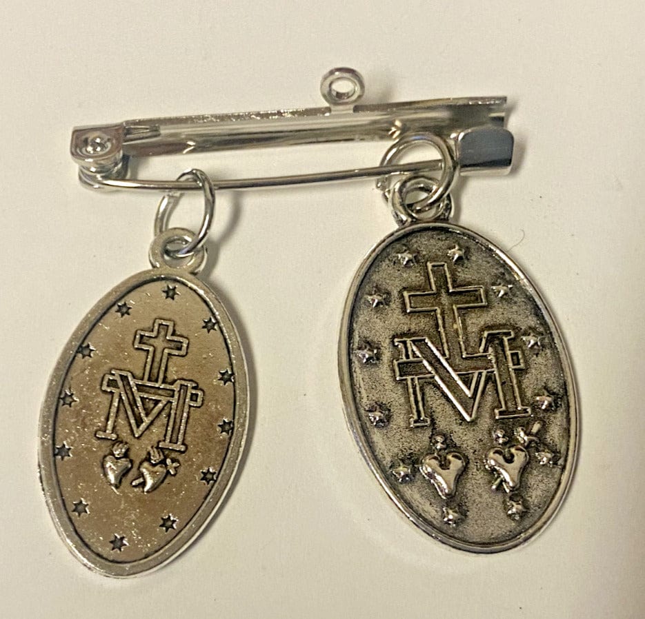 Small Our Lady of Grace religious image card with two silver tone medals on a pin, featuring Christian holy card design.