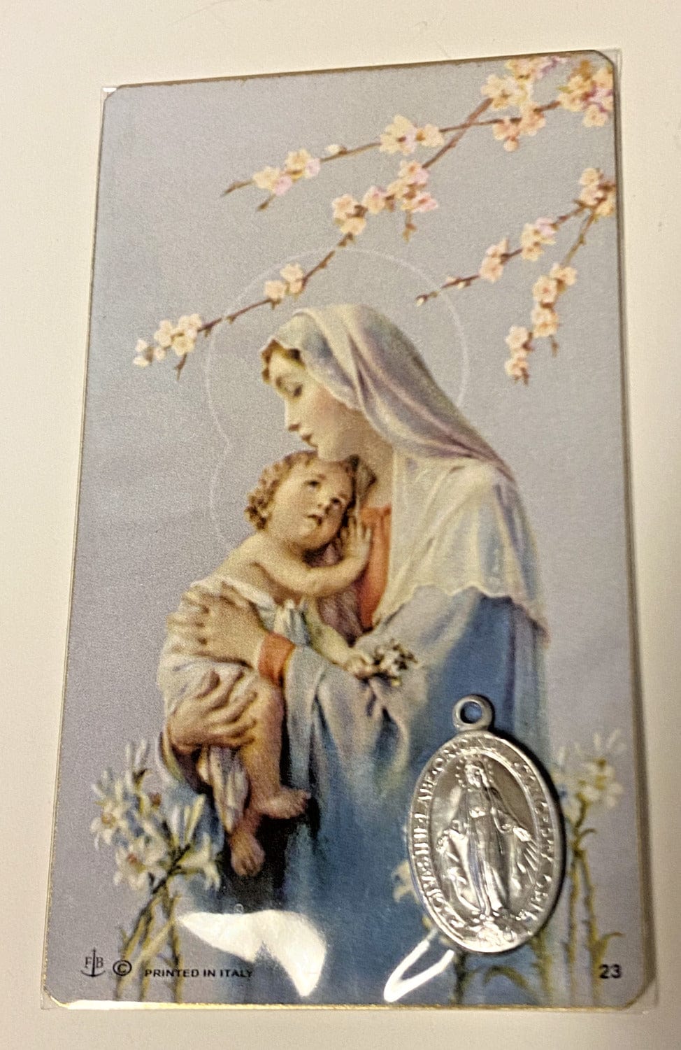 Blessed Mother Image card with 1-inch Miraculous Medal, Christian religious collectible from Japan, by Bob and Penny Lord.