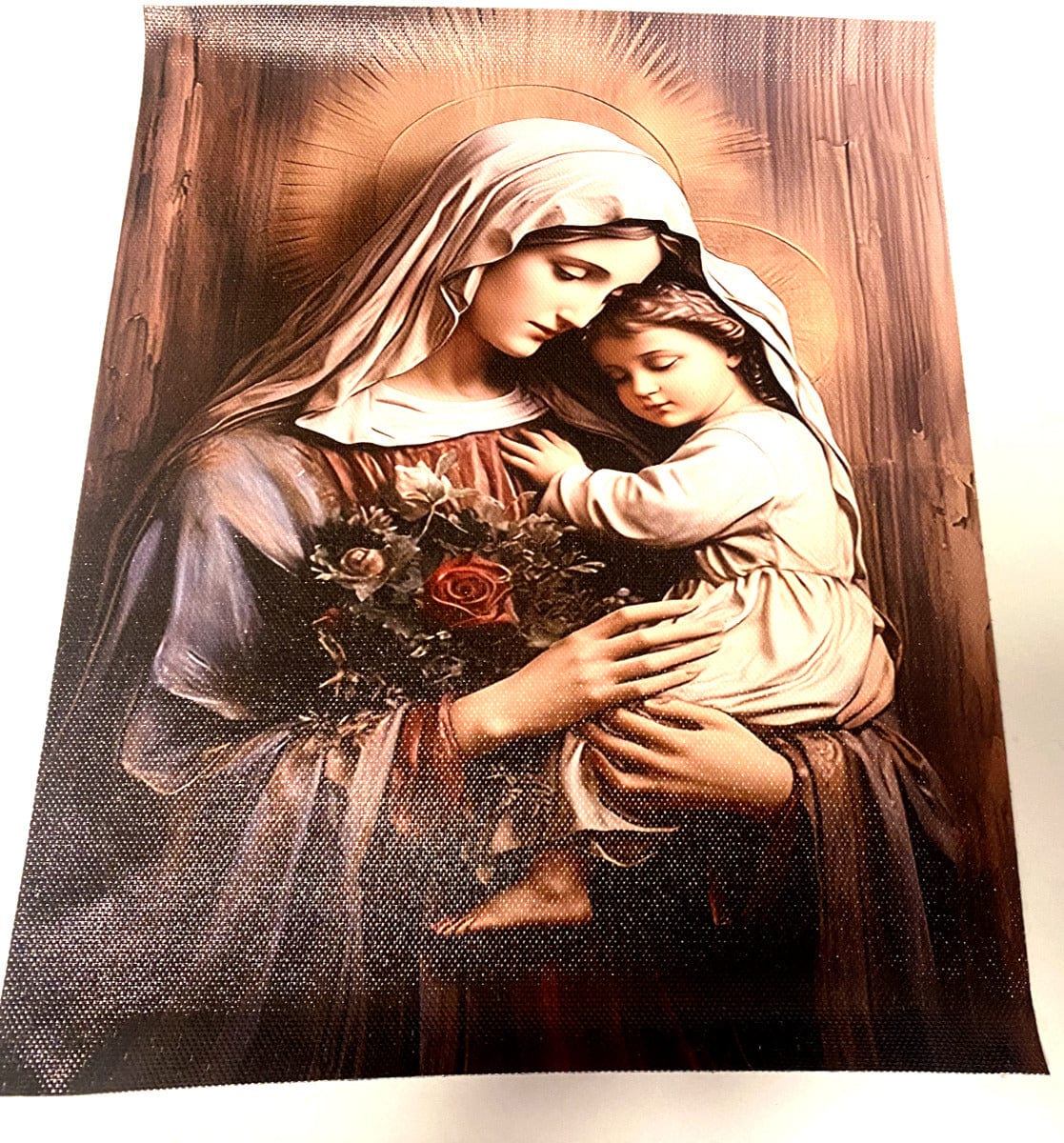 Unframed 10x8 inch canvas painting of Blessed Mother with Child by Bob and Penny Lord, detailed religious artwork image.