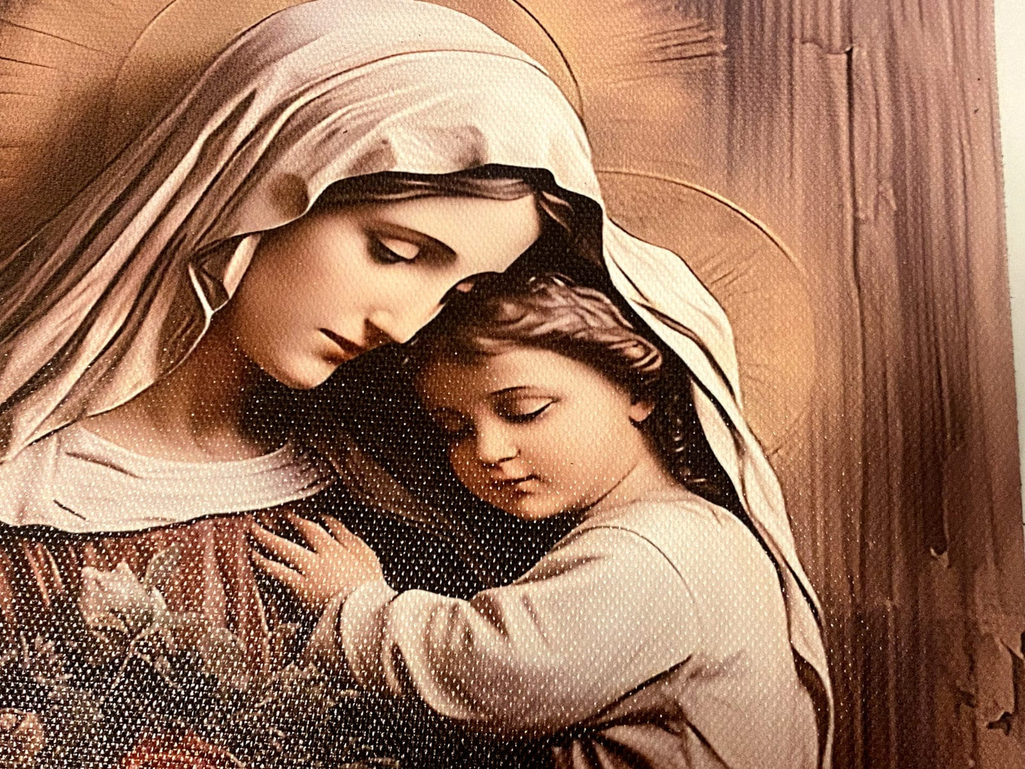 Unframed canvas art of Blessed Mother with Child by Bob and Penny Lord, 10x8 inches, religious painting on canvas.