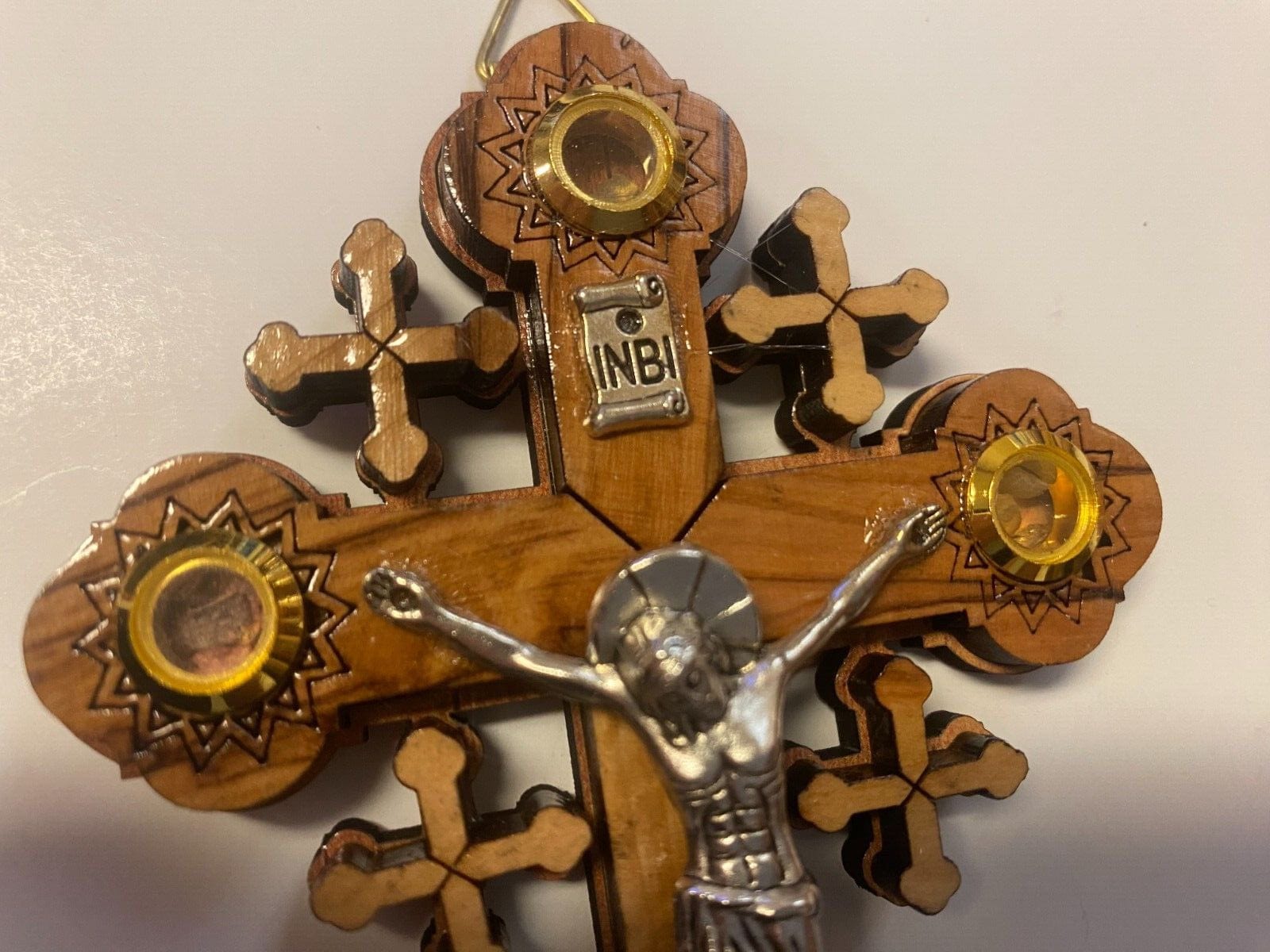 Olive wood and mother of pearl crucifix, 4.75 inches, religious Christian cross from Bethlehem, crafted by Bob and Penny Lord.
