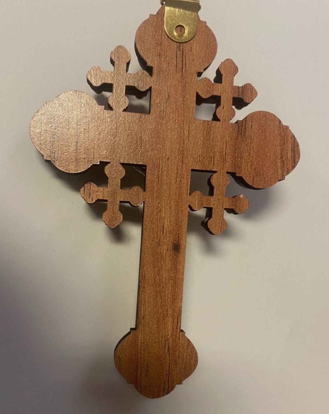 Olive wood cross with mother of pearl inlay, 4.75-inch Christian crucifix from Bethlehem, by Bob and Penny Lord.