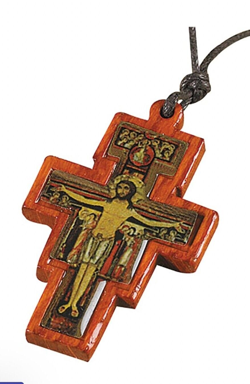 San Damiano wood crucifix necklace with cord, Christian religious jewelry, featuring a 1 7/8-inch crucifix by Bob and Penny Lord
