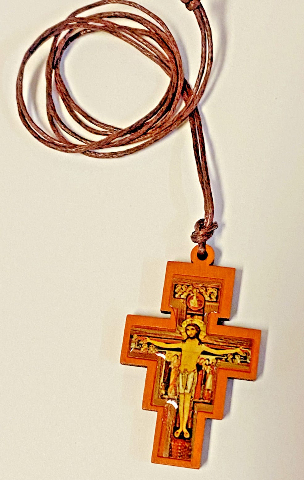 San Damiano wood crucifix pendant on corded necklace, Christian religious jewelry by Bob and Penny Lord, collectible rosary accessory