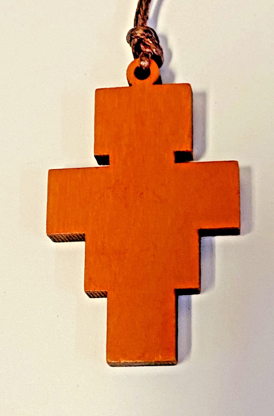San Damiano wood crucifix pendant on cord necklace, Christian religious jewelry, by Bob and Penny Lord, for spirituality and collectibles.