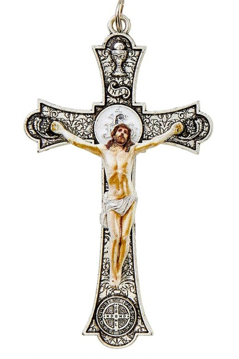 Silver tone Holy Mass Crucifix by Bob and Penny Lord, Christian religious collectible with detailed crucifix design.