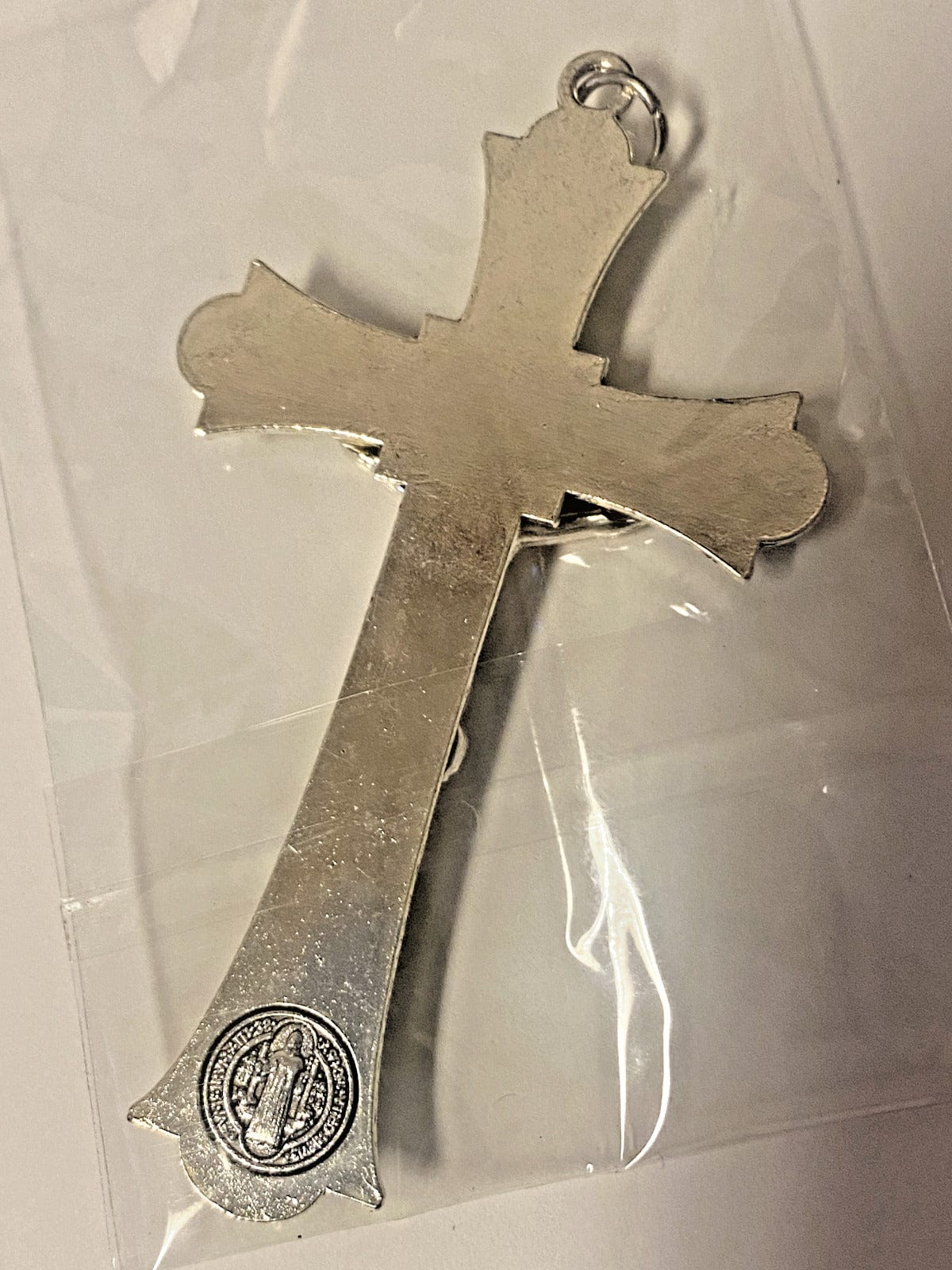 Silver tone Holy Mass Crucifix collectible with detailed Christian cross, designed by Bob and Penny Lord.