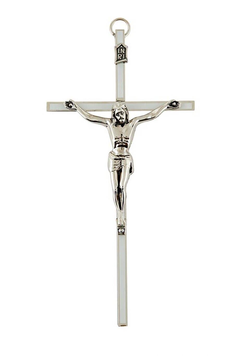 Small 6-inch silver and white crucifix collectible by Bob and Penny Lord, featuring a detailed Christian cross design.