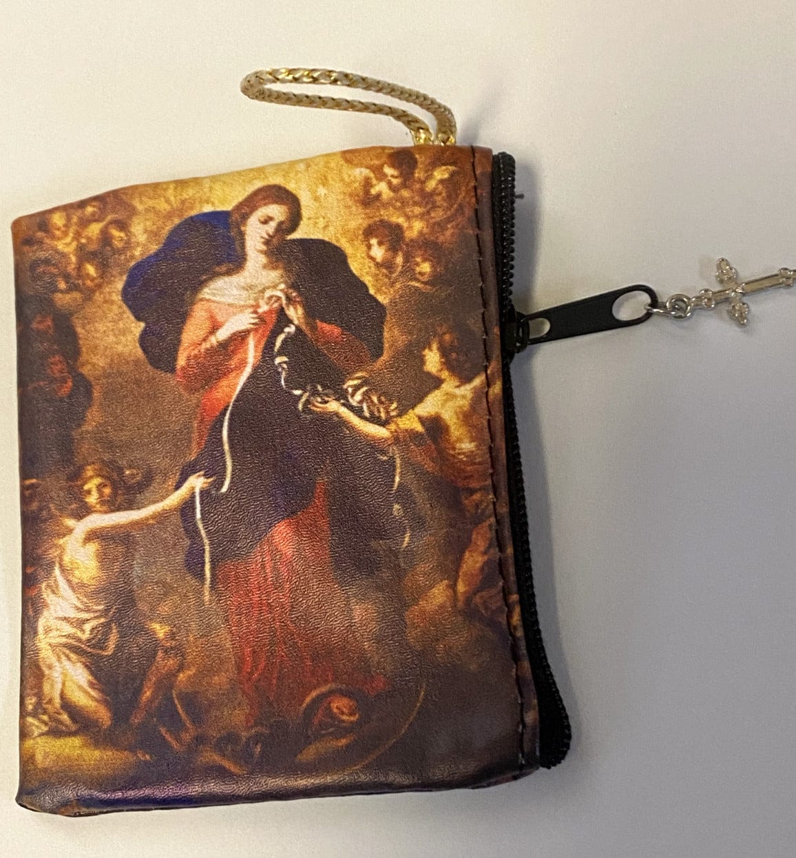 Small 3.25-inch pouch featuring Our Lady Undoer of Knots rosary, designed for women’s bags and accessories.