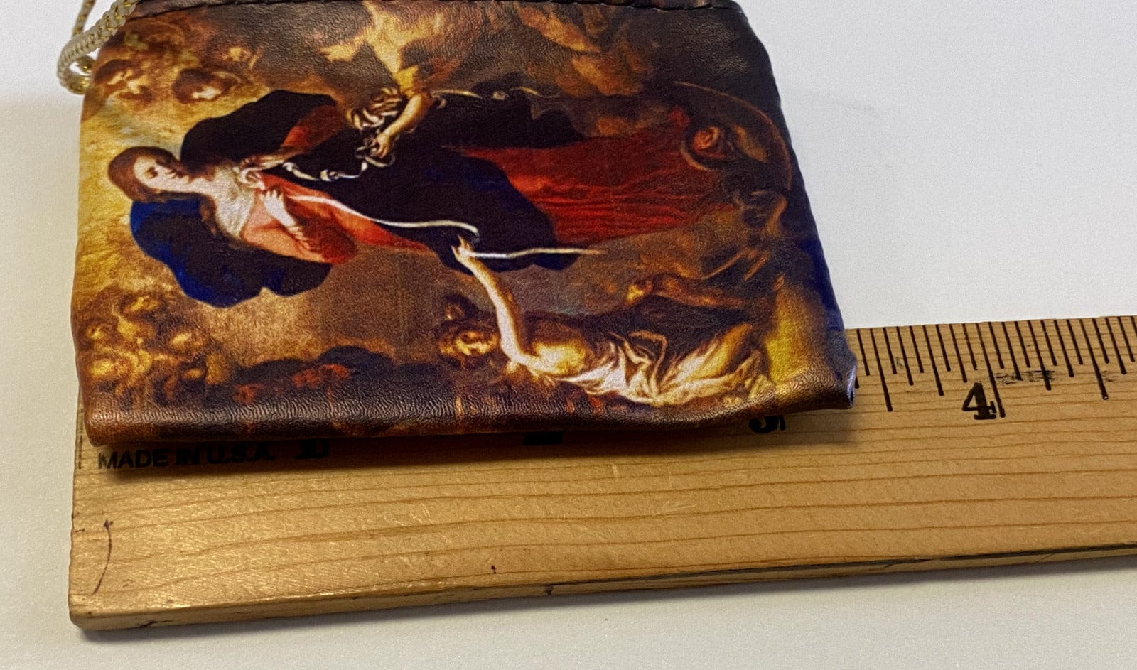 Small women's pouch featuring Our Lady Undoer of Knots rosary design, 3.25-inch size, unbranded accessories bag.