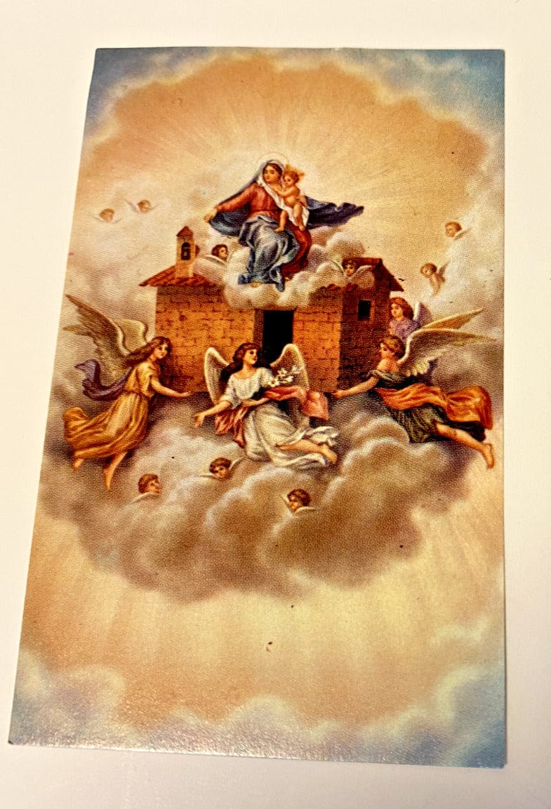 Small Holy House of Loreto prayer card by Bob and Penny Lord, featuring religious Christian imagery and consecration prayers.
