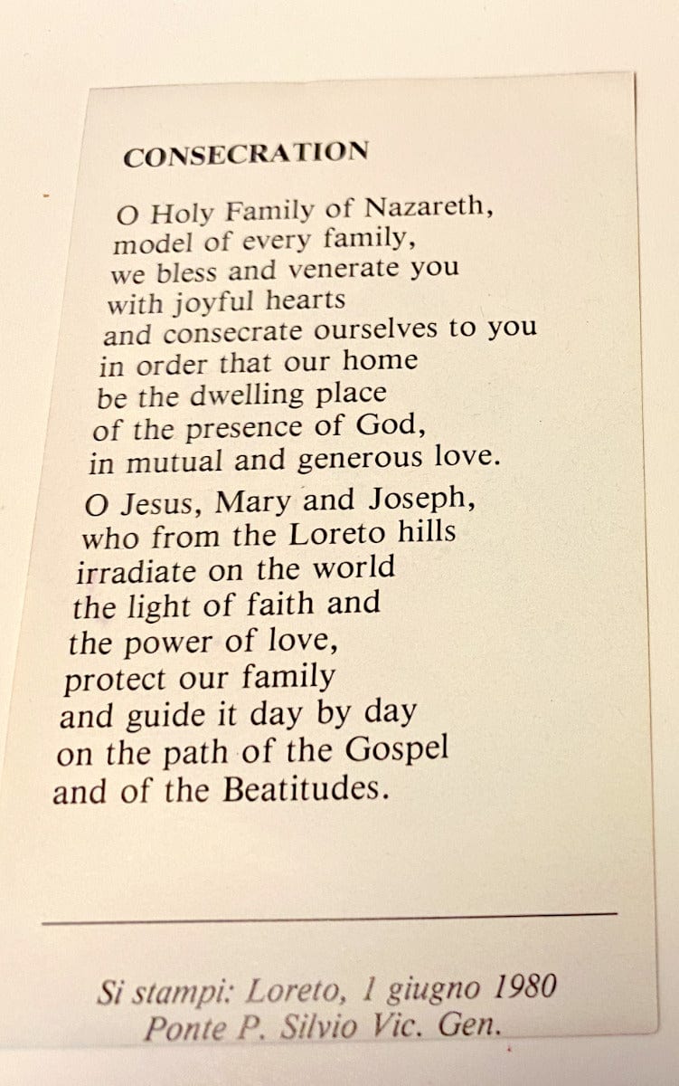 Small Holy Card featuring a Christian prayer for consecration with religious imagery, from the Holy House of Loreto by Bob and Penny Lord.