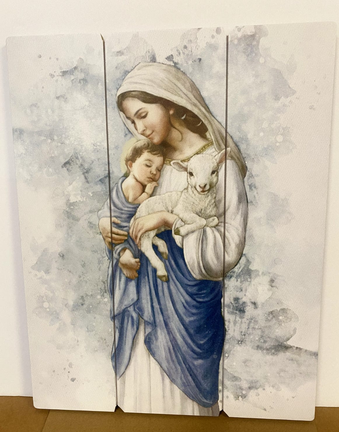 Wood pallet image of Virgin Mary with Child and Lamb, titled "The Innocence," Christian religious collectible by Bob and Penny Lord.