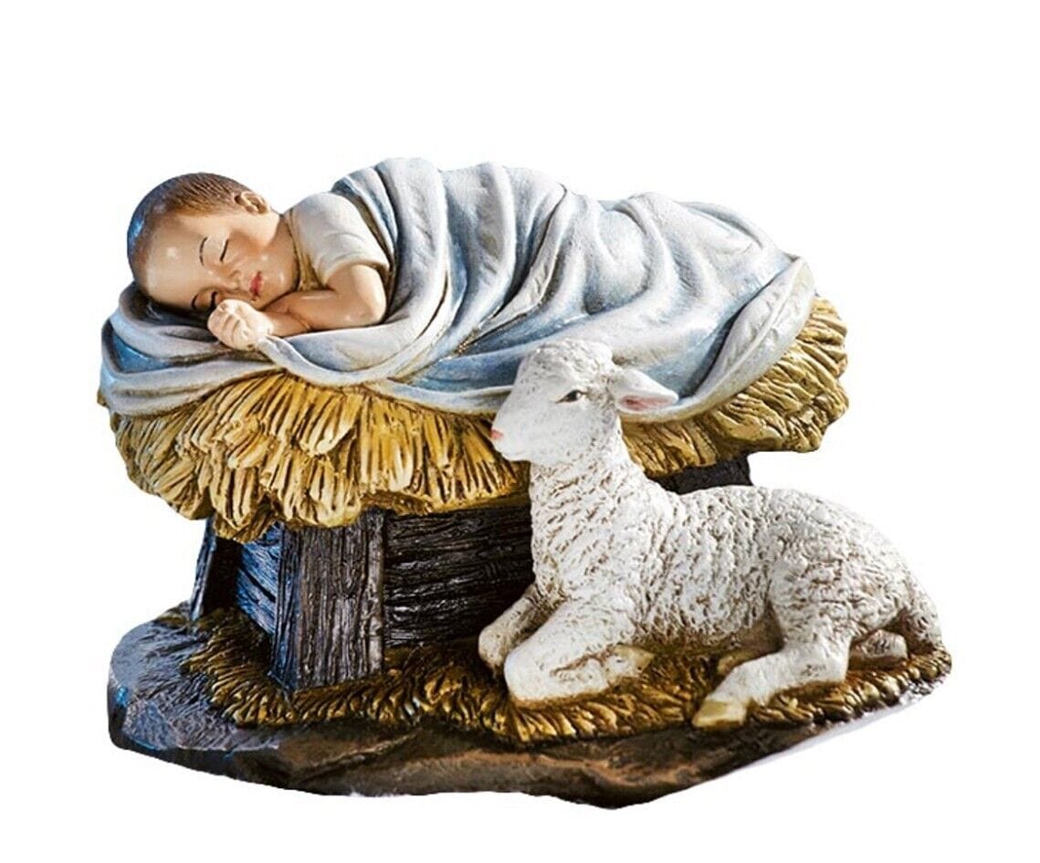 Sleeping Baby Jesus statue with lamb, representing God's gift of love, from Bob and Penny Lord's Christian collectibles collection.