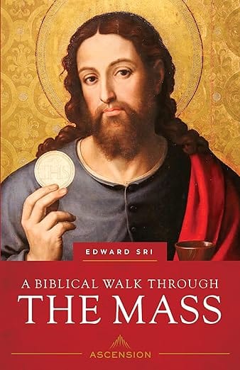 Paperback book titled "A Biblical Walk Through the Mass" by Bob and Penny Lord, showing the cover with religious imagery.