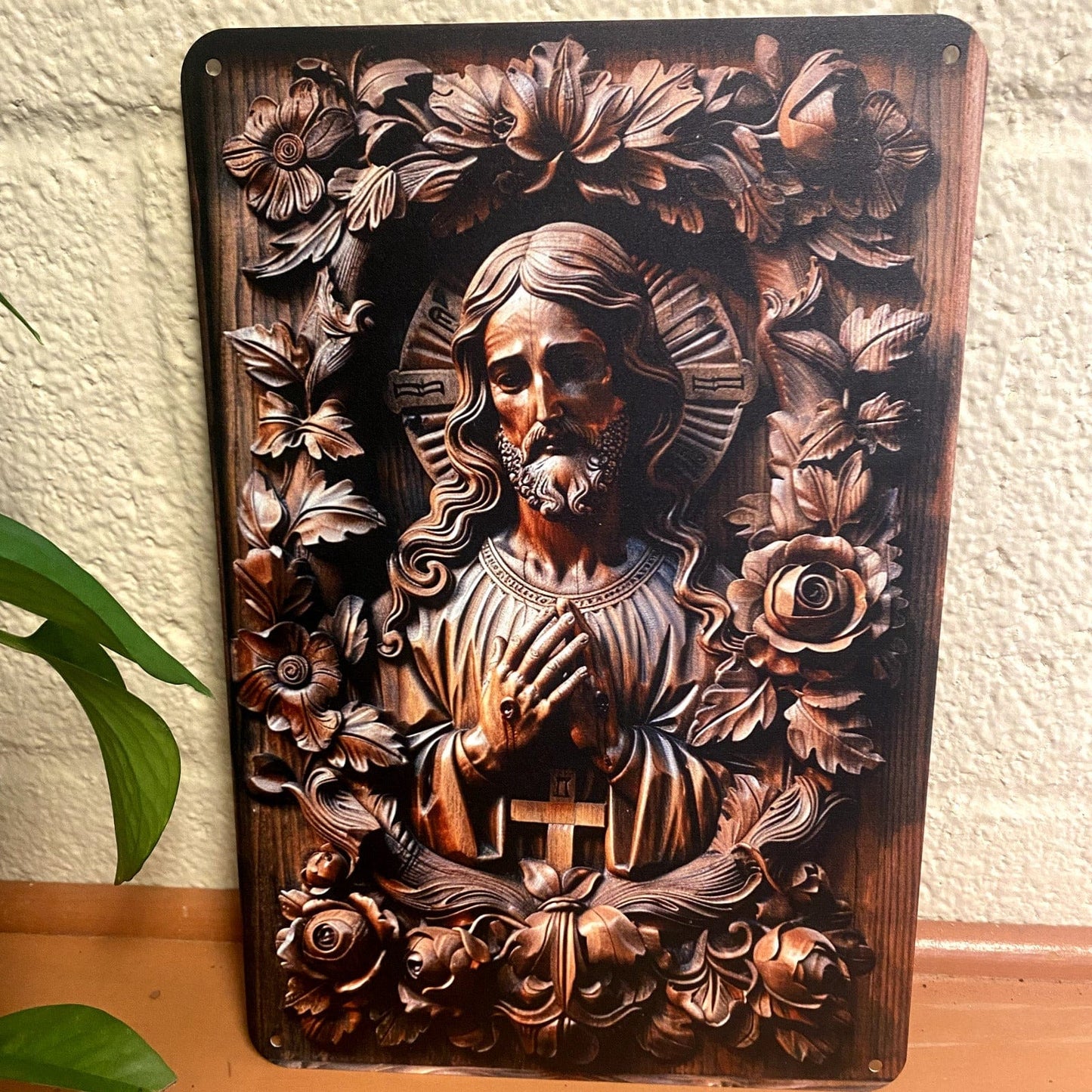 Imitation wood carving of Lord Jesus on metal, 2D nativity image for holiday and seasonal nativity collectibles.