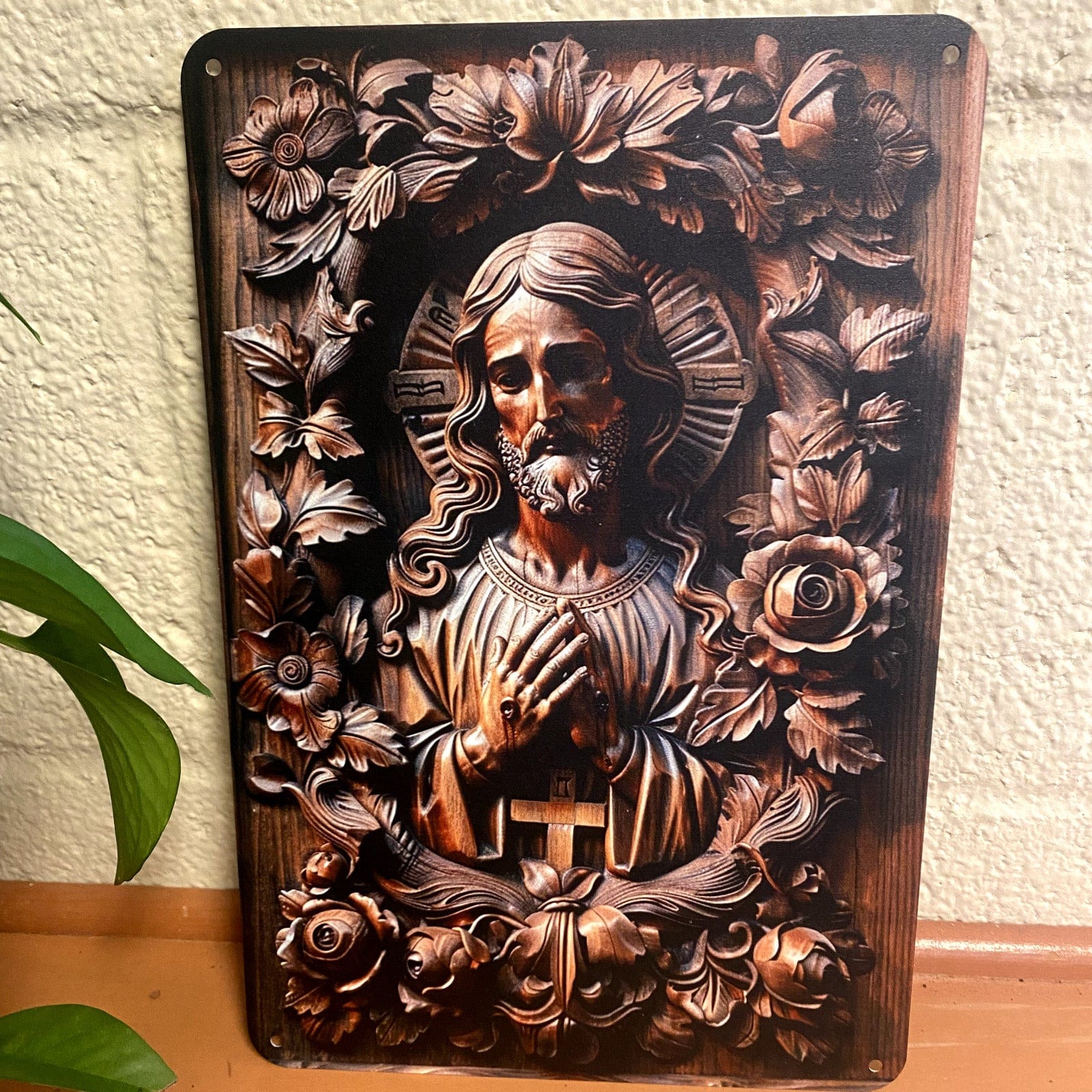 Imitation wood carving of Lord Jesus on metal, 2D nativity image for holiday and seasonal nativity collectibles.