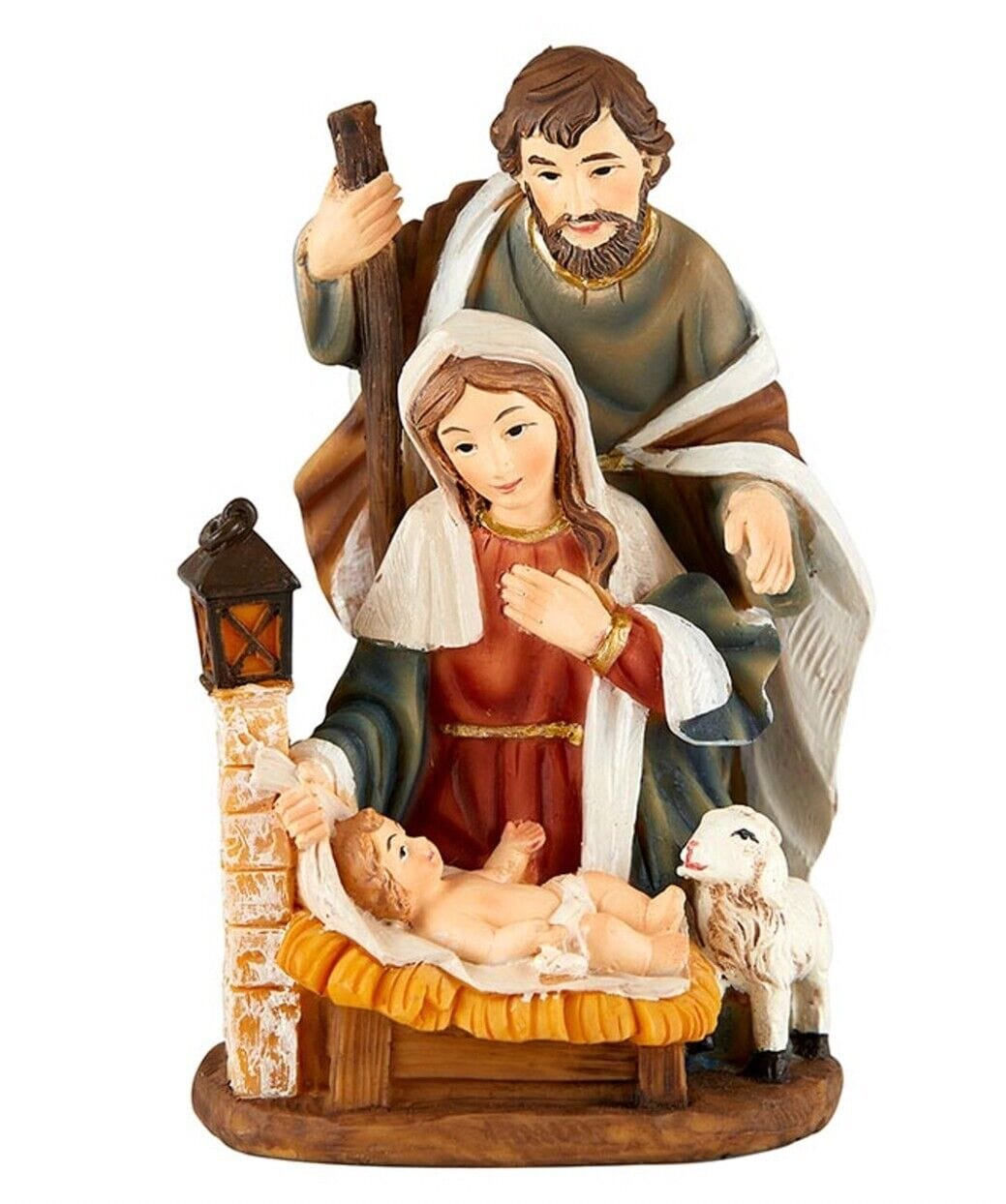 Small nativity figurine with sheep, holiday collectible, detailed scene, featuring traditional nativity characters and animals.