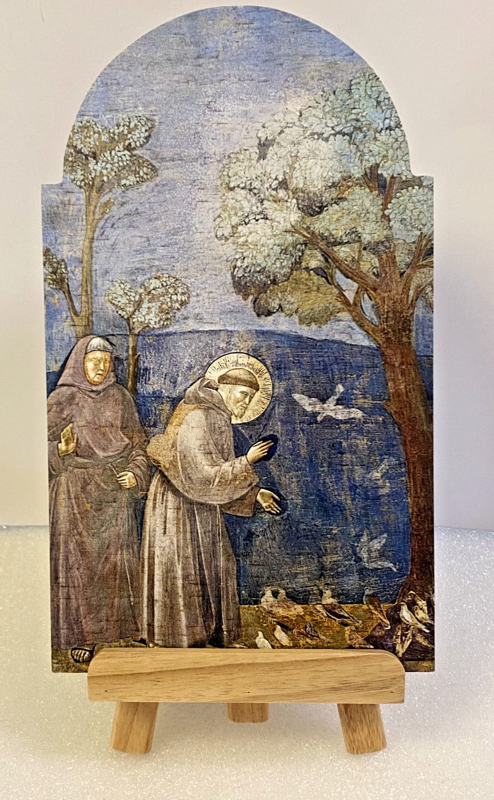 Wood arch plaque featuring Saint Francis of Assisi with religious imagery, 12 inches, from Bob and Penny Lord Journeys of Faith.