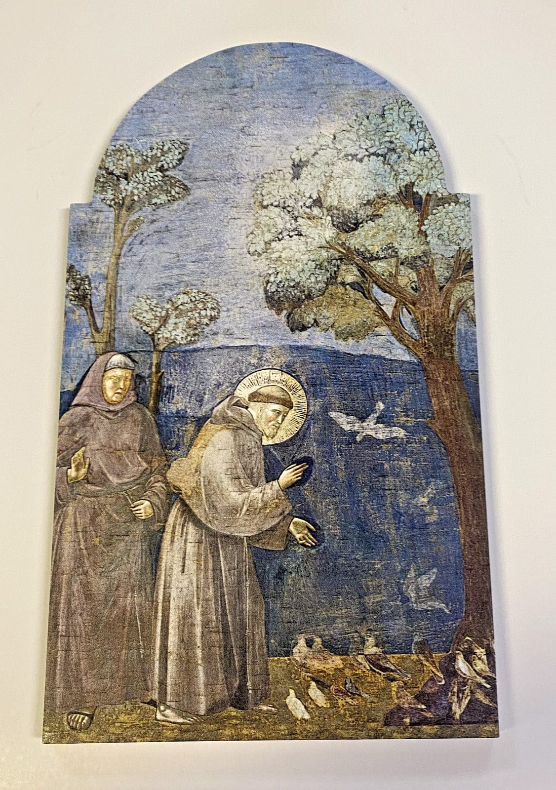 Wood arch plaque featuring Saint Francis of Assisi, 12-inch religious Christian collectible with detailed craftsmanship.