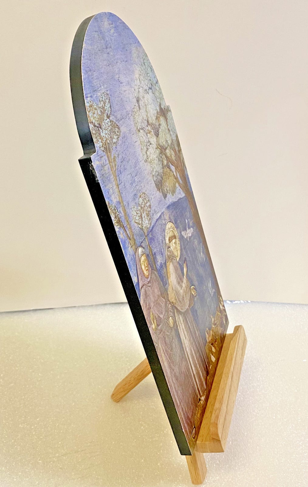 Wood arch plaque featuring Saint Francis of Assisi, 12-inch religious Christian collectible by Bob and Penny Lord Journeys of Faith.