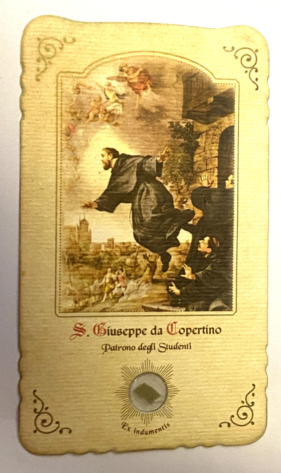 Italian Saint Joseph of Cupertino 3rd Class Relic prayer card from Bob and Penny Lord, featuring religious imagery and devotional details.