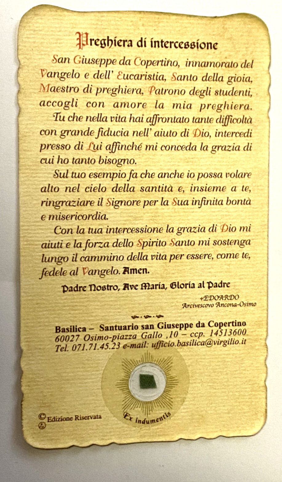 Italian Saint Joseph of Cupertino 3rd Class relic prayer card from Bob and Penny Lord, featuring religious imagery and spiritual significance.