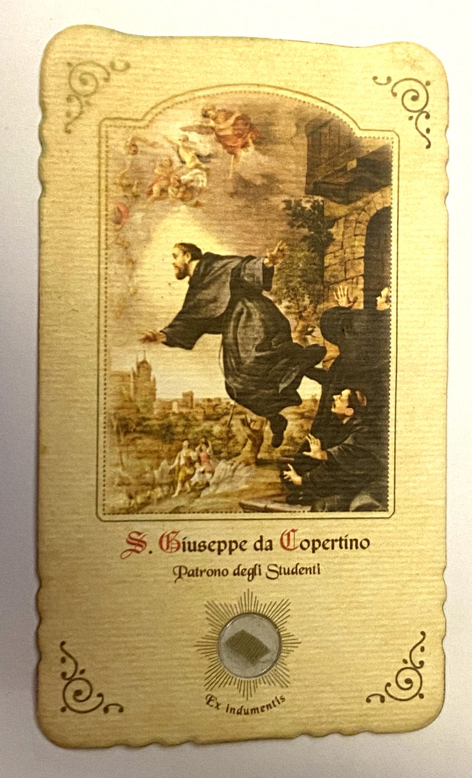 Italian Saint Joseph of Cupertino 3rd Class relic prayer card from Bob and Penny Lord, featuring religious imagery and detailed design.