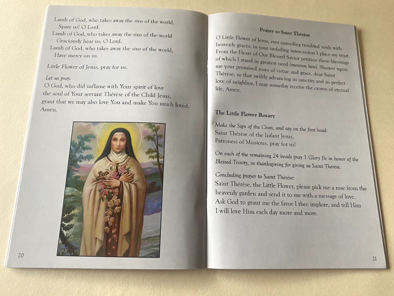 Saint Therese of Lisieux novena holy card by Bob and Penny Lord, featuring religious imagery and spiritual design.