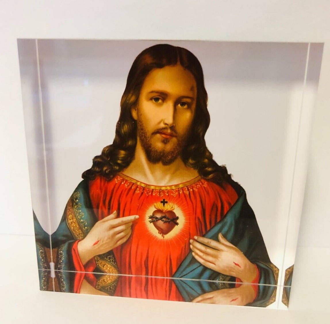 Acrylic image block of the Sacred Heart of Jesus, Christian collectible by Bob and Penny Lord, with detailed religious artwork.