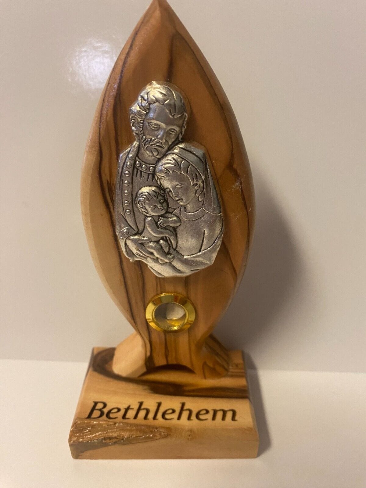 Medium Holy Family pewter image on wood plaque, Christian religious collectible by Bob and Penny Lord, featuring detailed religious artwork.