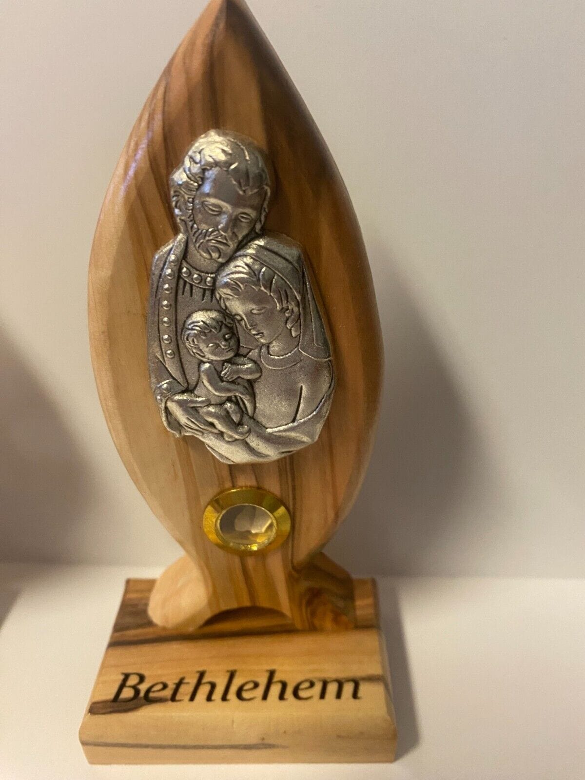 Medium Holy Family pewter image set on wood plaque by Bob and Penny Lord, Christian religious collectible featuring the Holy Family.
