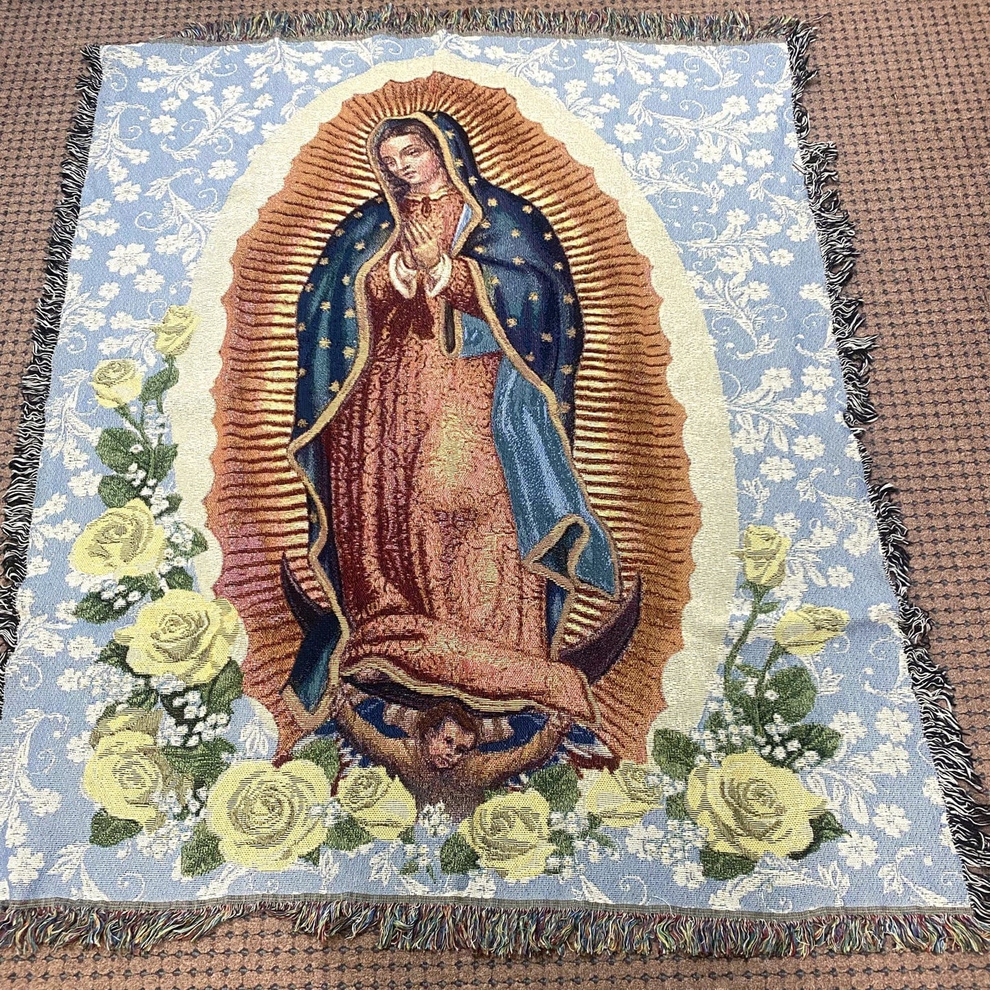 Lady of Guadalupe tapestry throw blanket featuring religious imagery, from Bob and Penny Lord Journeys of Faith collection.