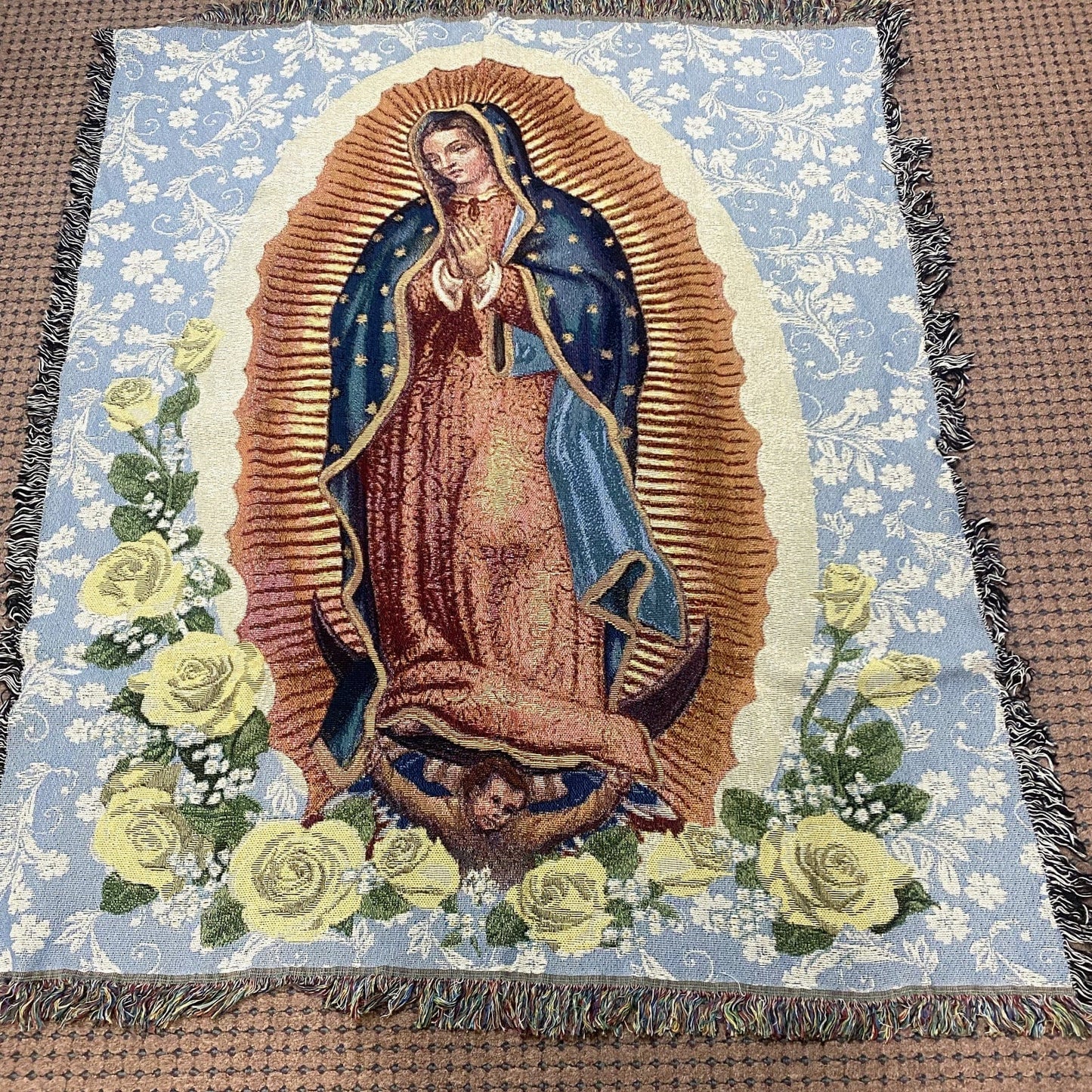 Lady of Guadalupe tapestry throw blanket featuring religious Christian imagery, from Bob and Penny Lord Journeys of Faith.