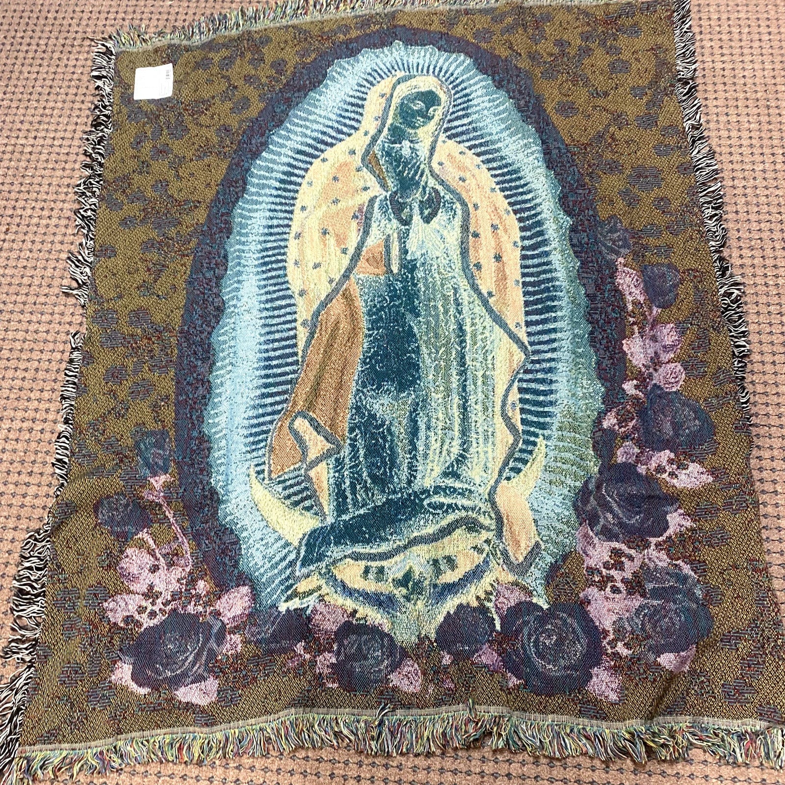 Lady of Guadalupe tapestry throw blanket featuring religious Christian imagery, from Bob and Penny Lord Journeys of Faith.