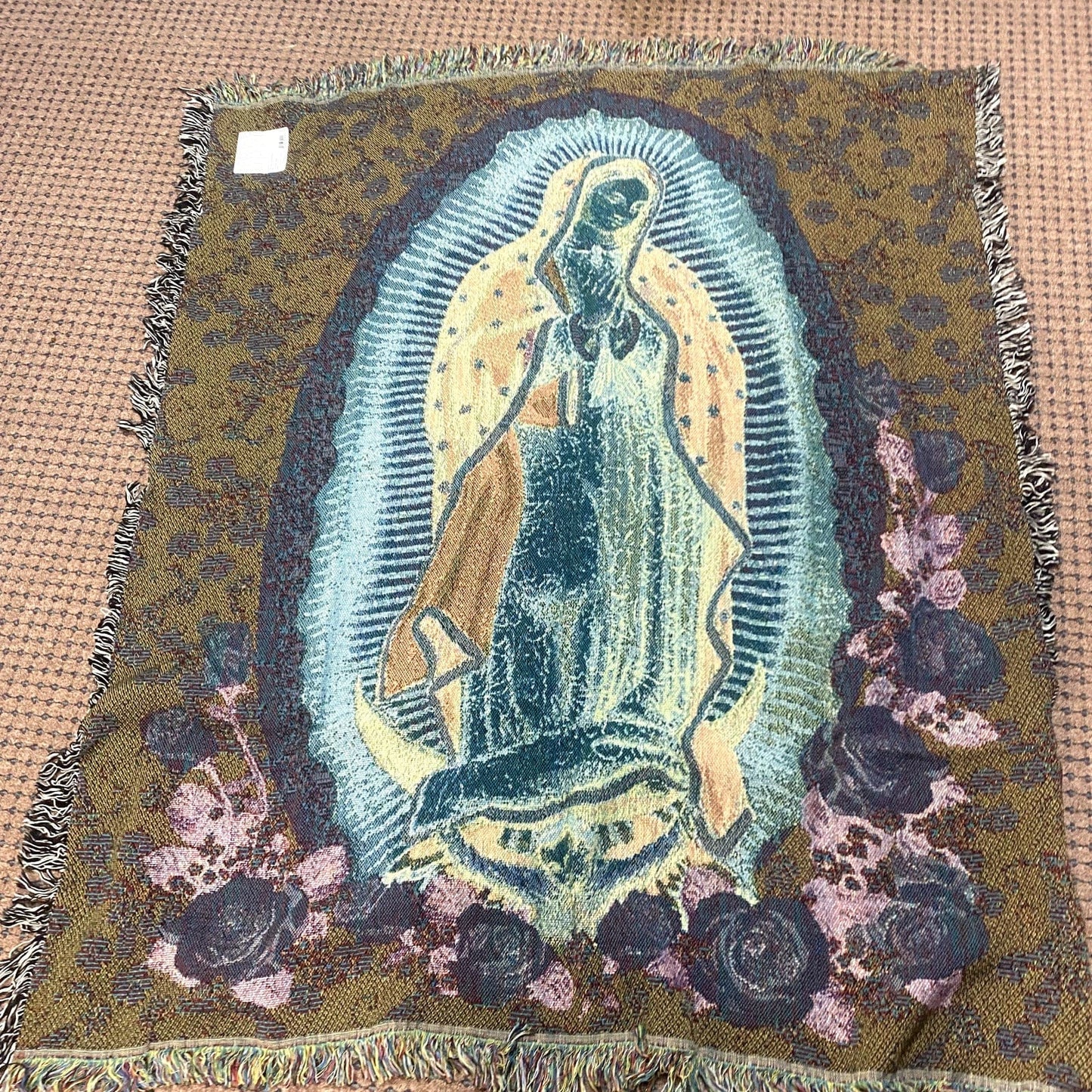 Lady of Guadalupe tapestry throw blanket featuring religious Christian imagery, by Bob and Penny Lord Journeys of Faith.