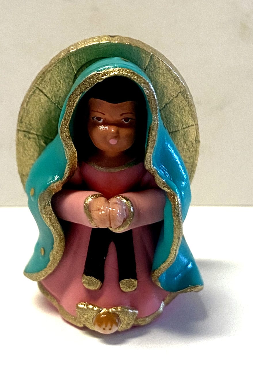Miniature Our Lady of Guadalupe statue, 1.5 inches tall, religious Christian collectible from Colombia by Bob and Penny Lord.