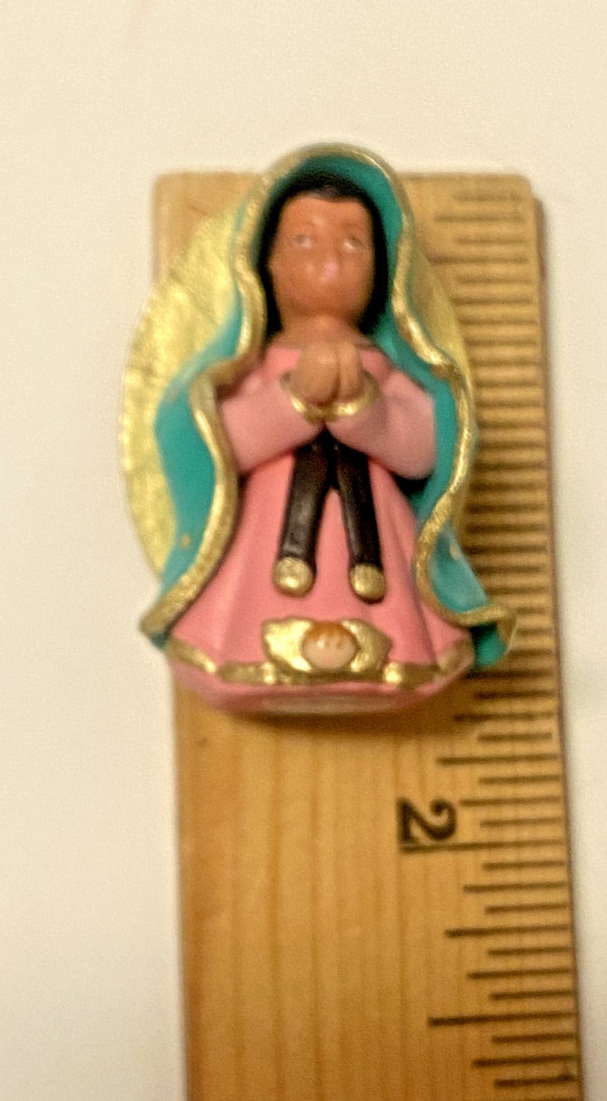 Miniature Our Lady of Guadalupe statue, 1.50 inches tall, Christian religious figure from Colombia by Bob and Penny Lord.