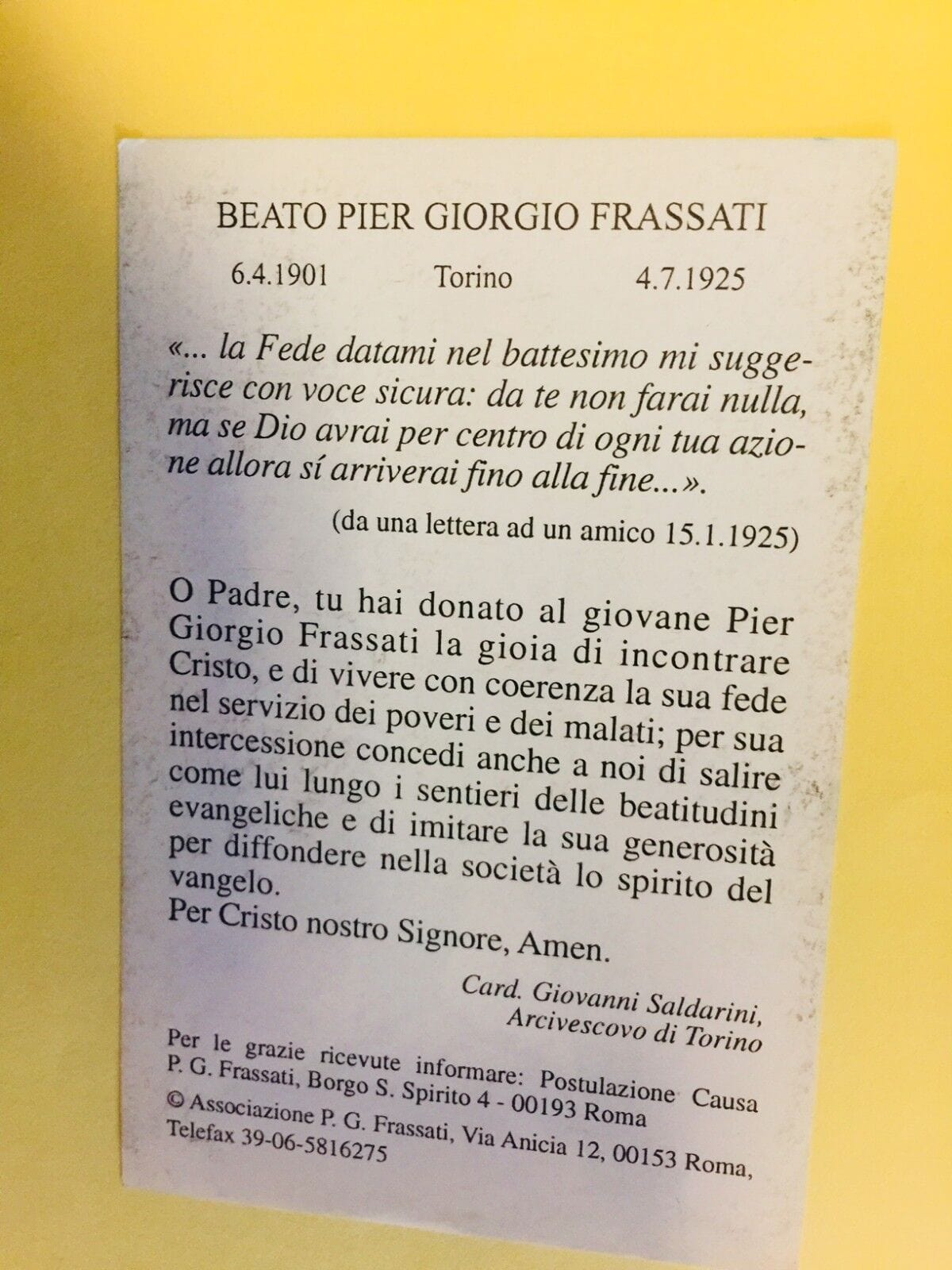 Italian Beato Pier Giorgio Frassati Holy Card from Bob and Penny Lord, featuring religious prayer in Italian, collectible Christian spirituality item.