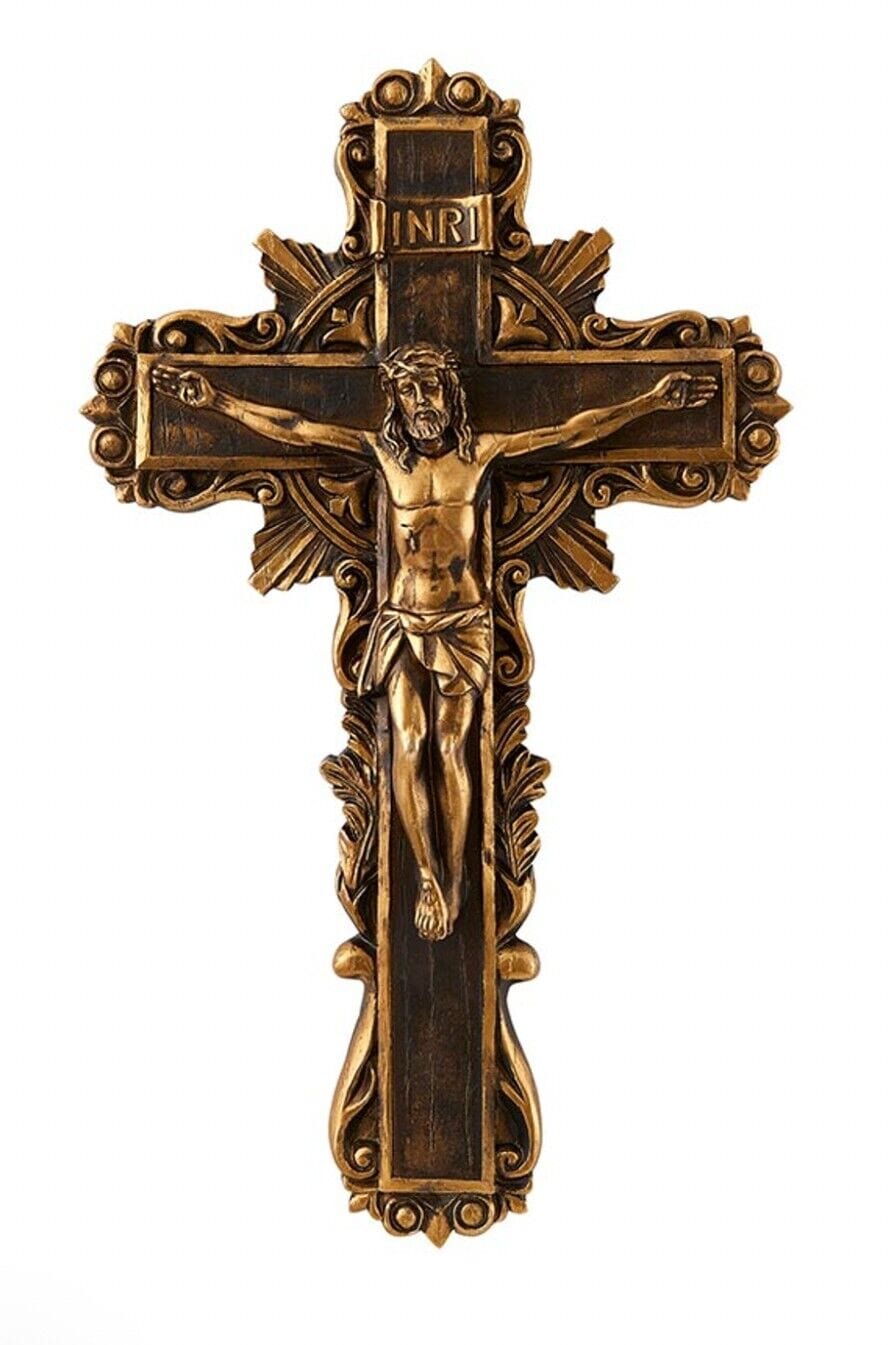 Bronze and gold flourish wall crucifix featuring intricate Christian design, 9-inch size, by Bob and Penny Lord.