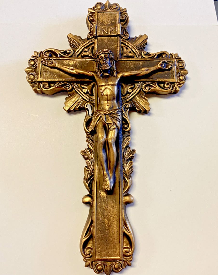 Bronze and gold flourish wall crucifix, 9-inch Christian religious collectible by Bob and Penny Lord, featuring intricate cross design.