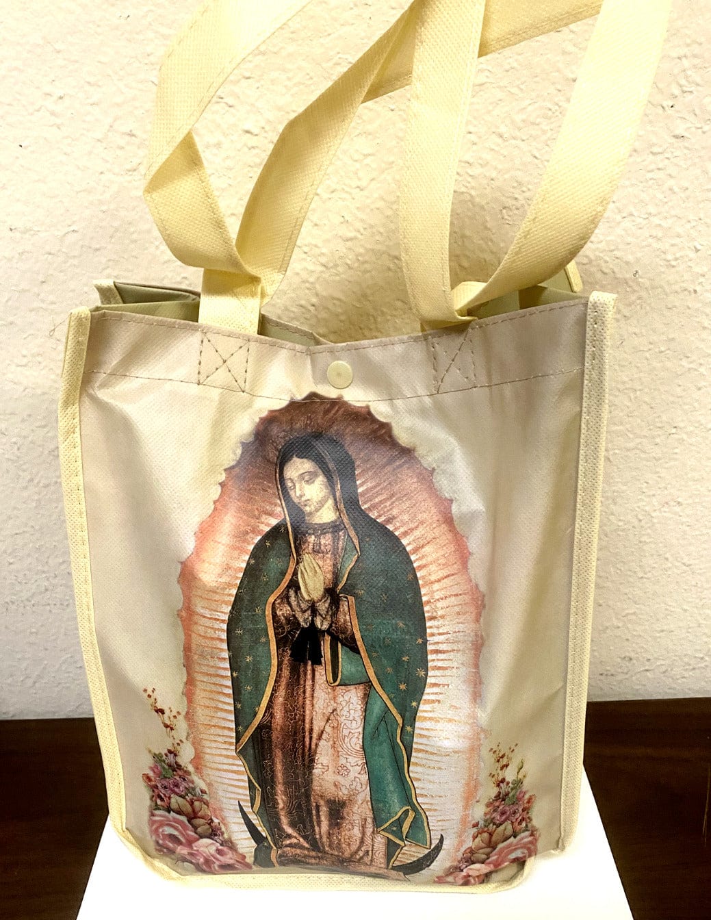 Small Lady of Guadalupe tote bag by Bob and Penny Lord, featuring religious Christian imagery and spiritual design.