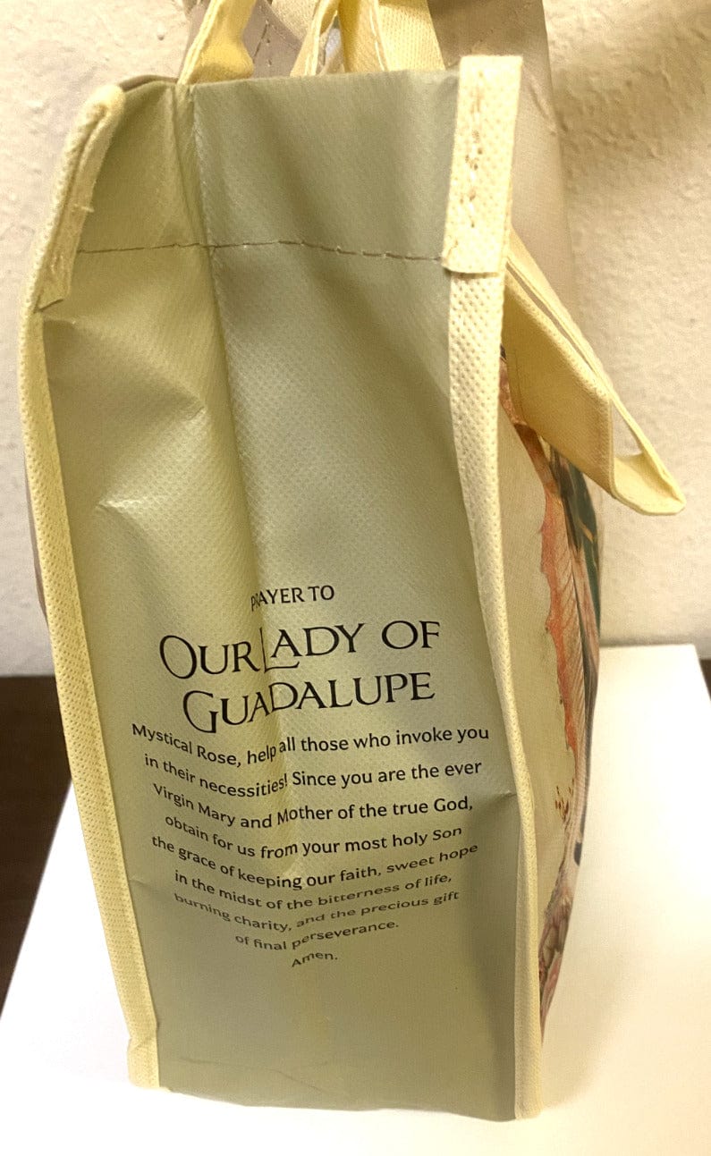Small tote bag featuring Our Lady of Guadalupe design, Christian collectible by Bob and Penny Lord.